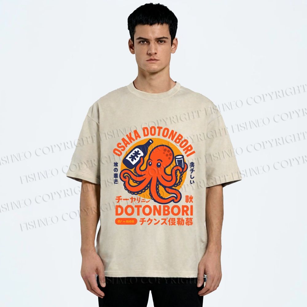 Unisex Osaka Dotonbori Octopus Printed Washed Tee