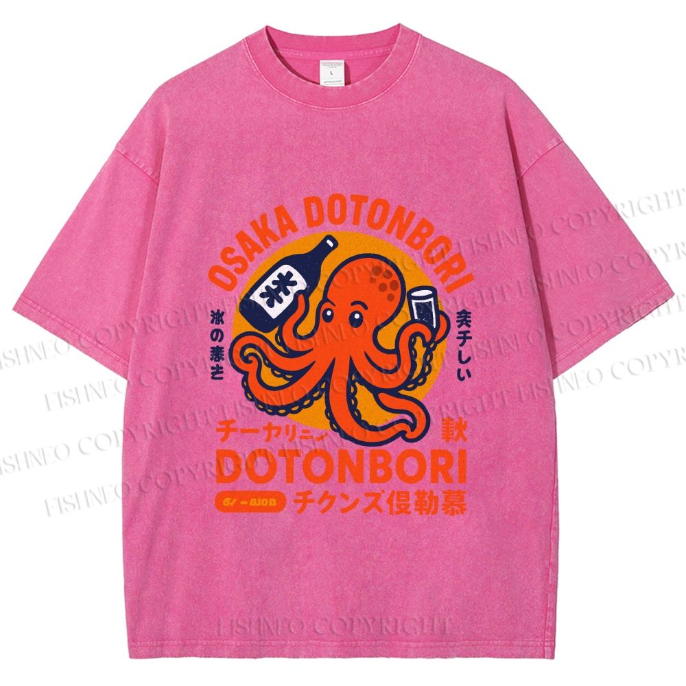 Unisex Osaka Dotonbori Octopus Printed Washed Tee