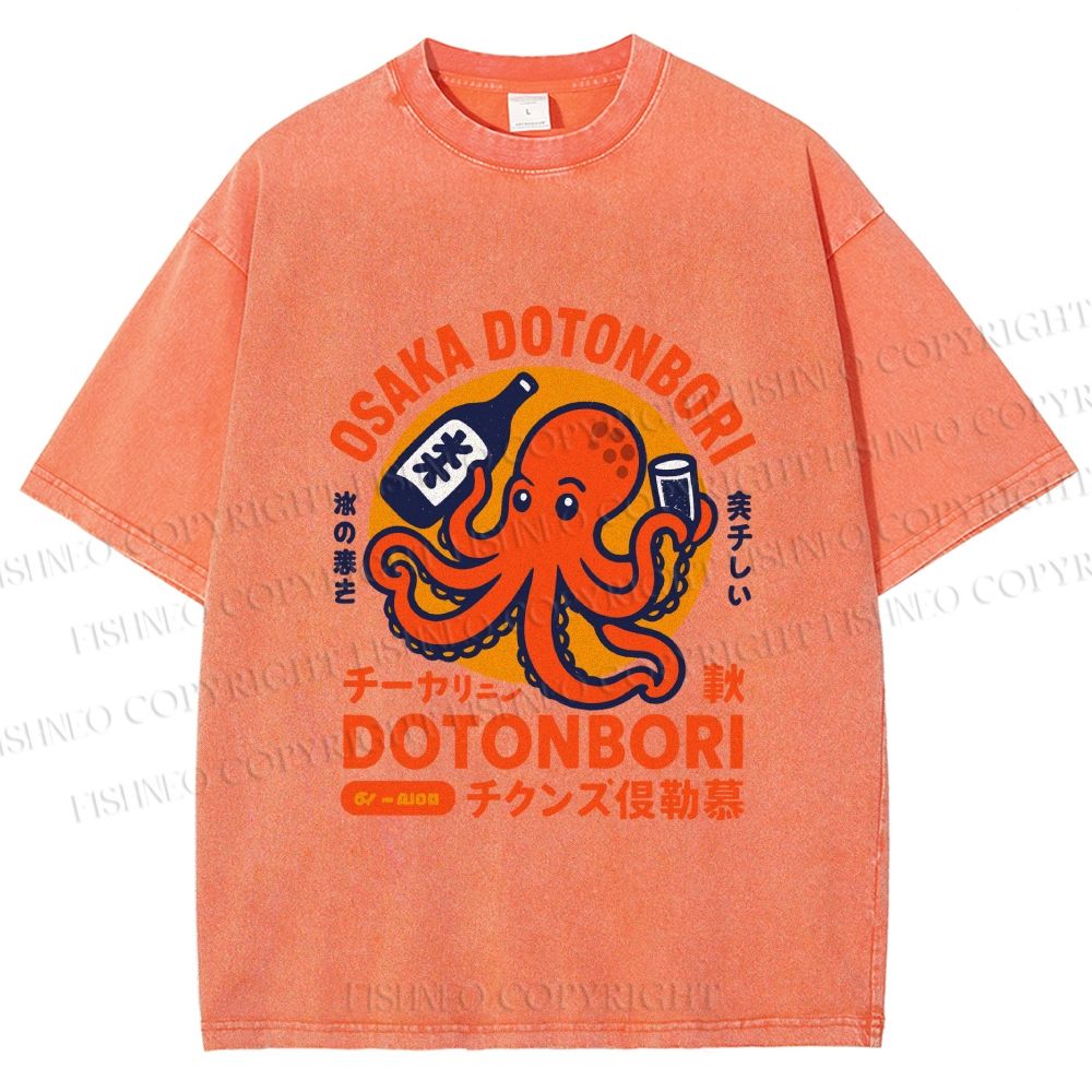 Unisex Osaka Dotonbori Octopus Printed Washed Tee
