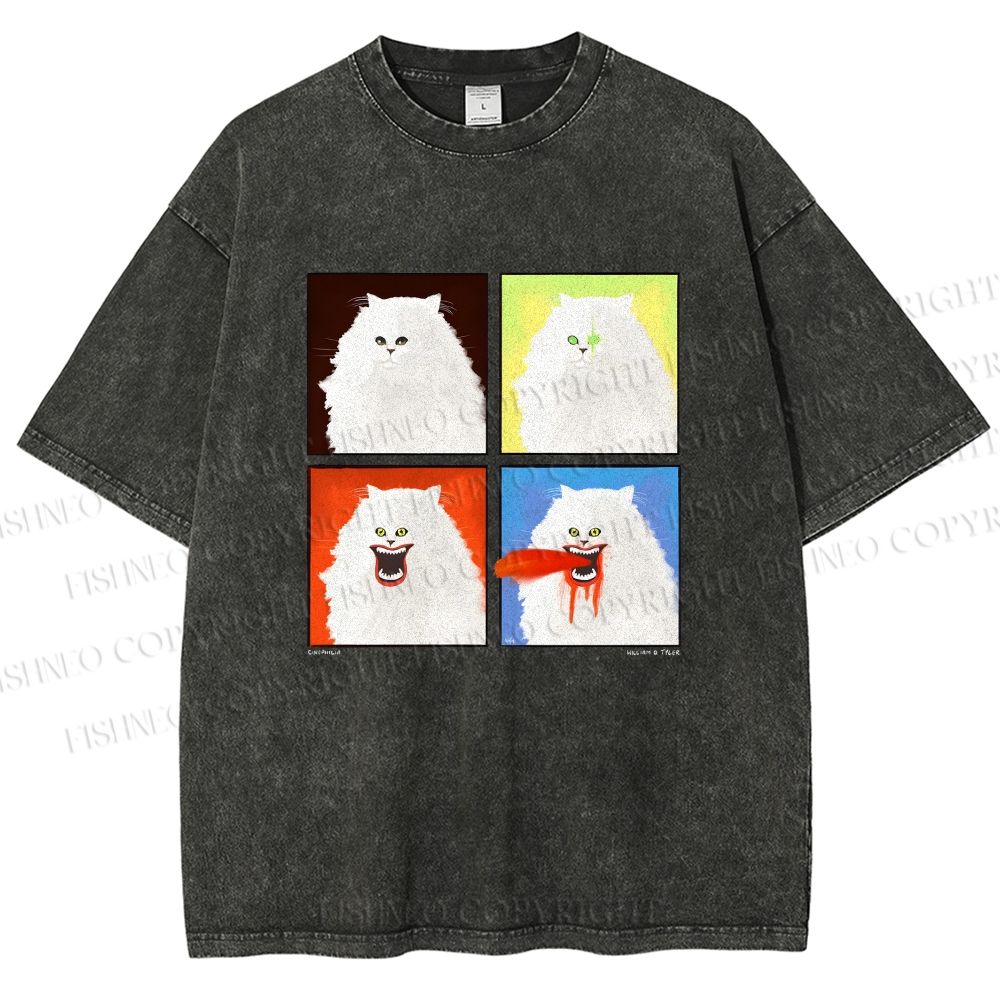 Unisex House Cat 4-panel Art Printed Washed Tee