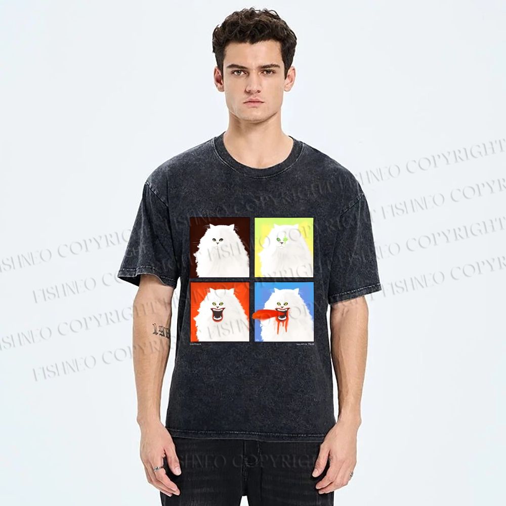 Unisex House Cat 4-panel Art Printed Washed Tee