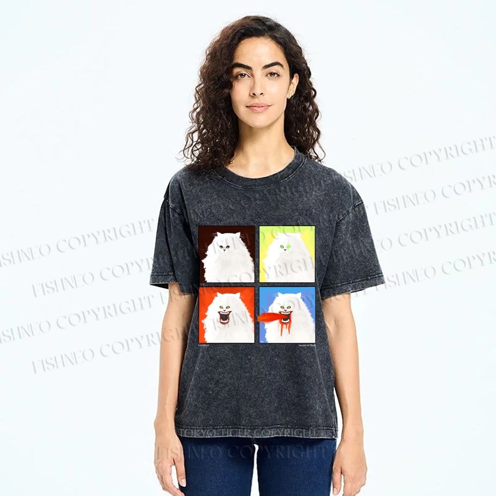 Unisex House Cat 4-panel Art Printed Washed Tee