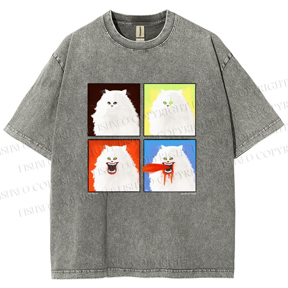 Unisex House Cat 4-panel Art Printed Washed Tee