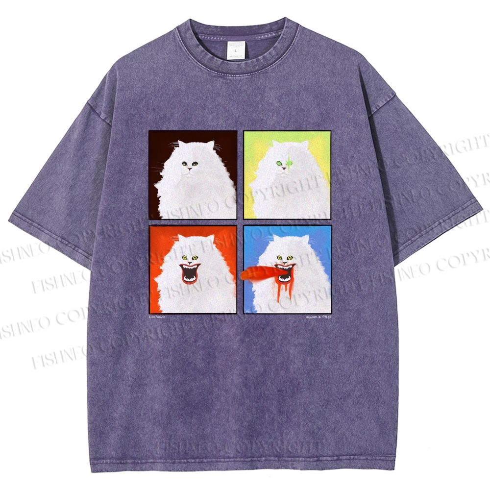 Unisex House Cat 4-panel Art Printed Washed Tee
