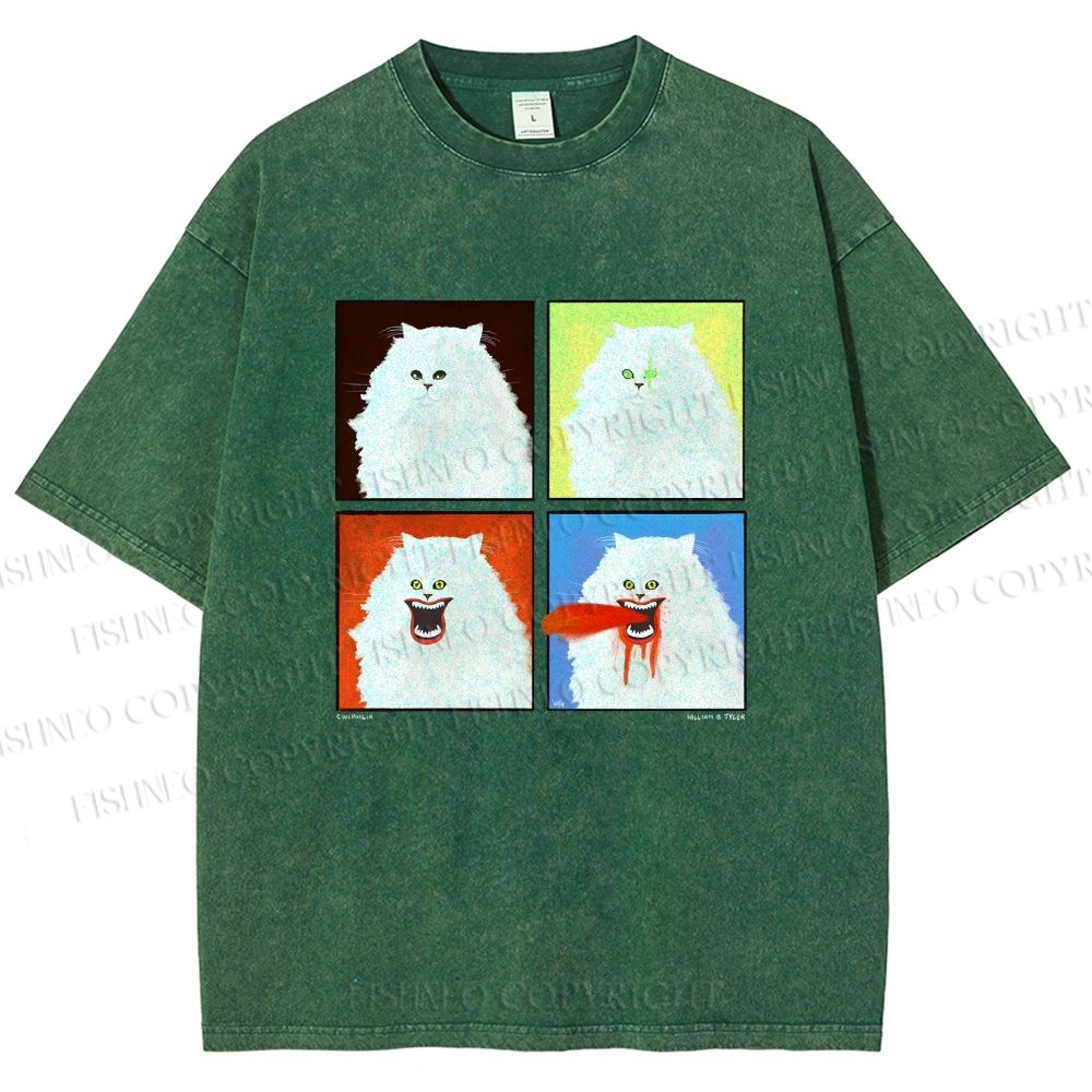 Unisex House Cat 4-panel Art Printed Washed Tee