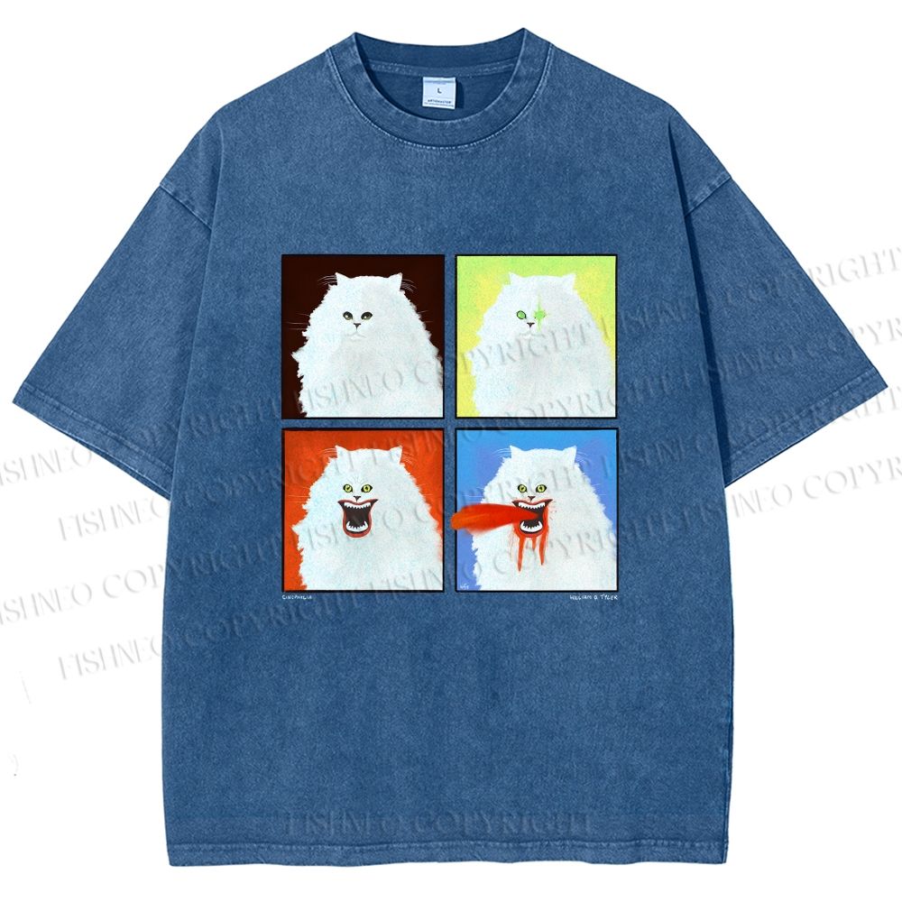 Unisex House Cat 4-panel Art Printed Washed Tee