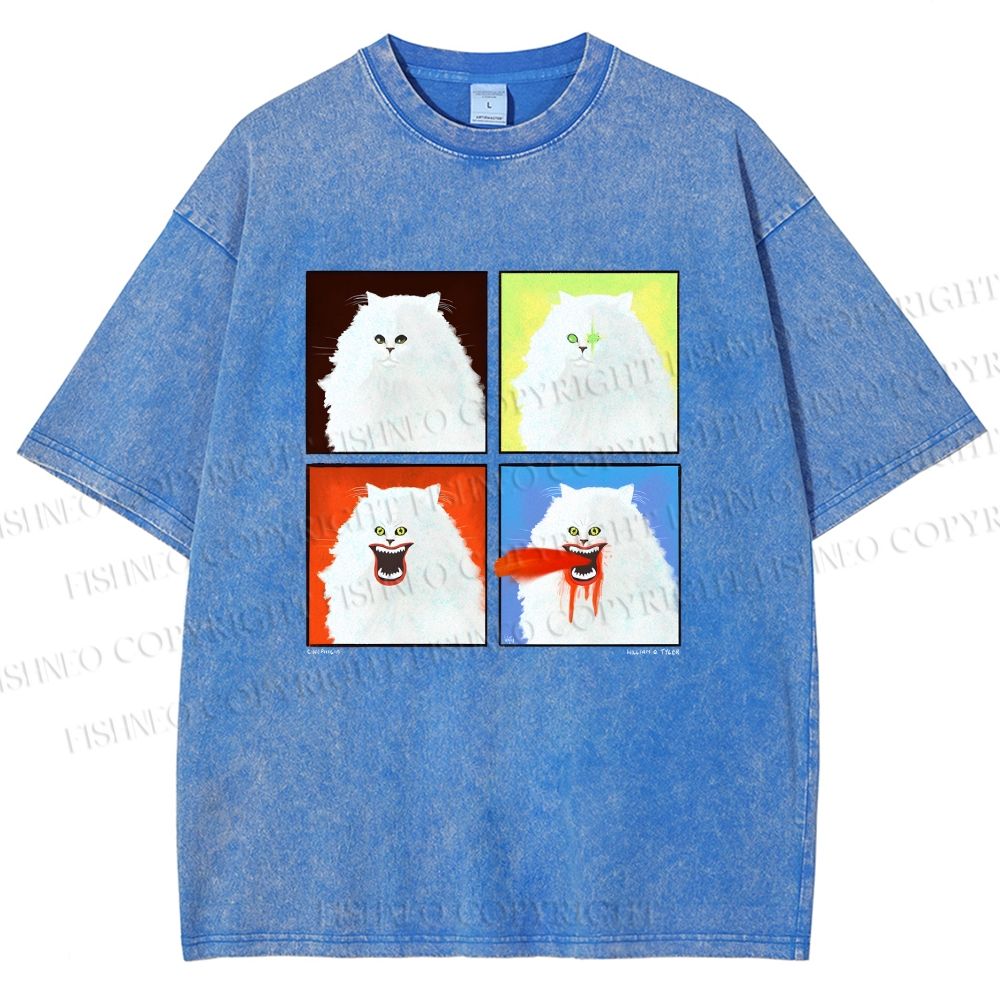 Unisex House Cat 4-panel Art Printed Washed Tee