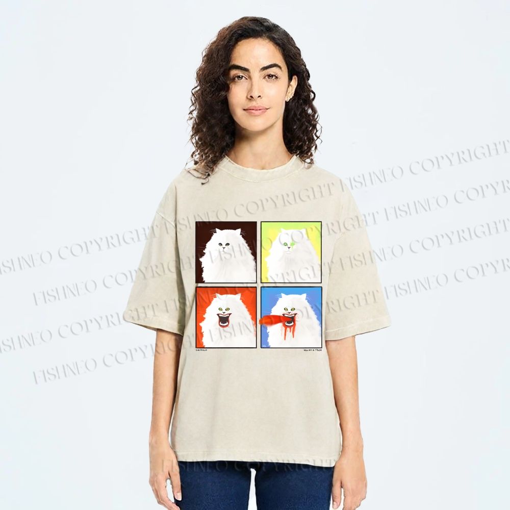 Unisex House Cat 4-panel Art Printed Washed Tee