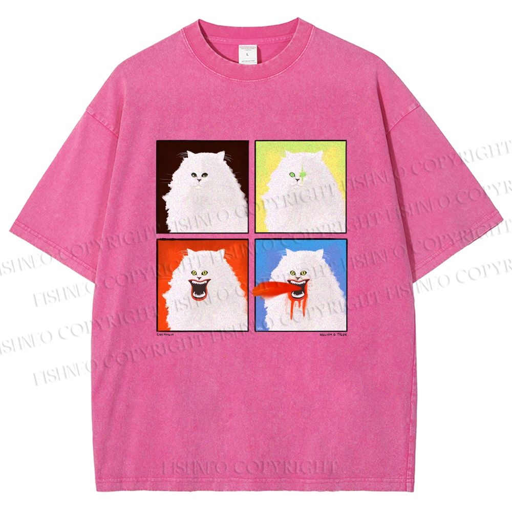 Unisex House Cat 4-panel Art Printed Washed Tee