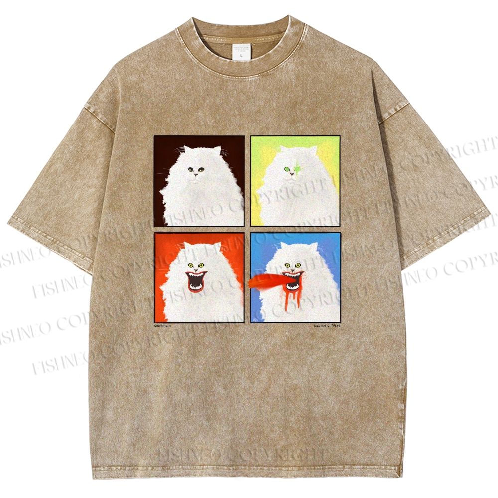 Unisex House Cat 4-panel Art Printed Washed Tee