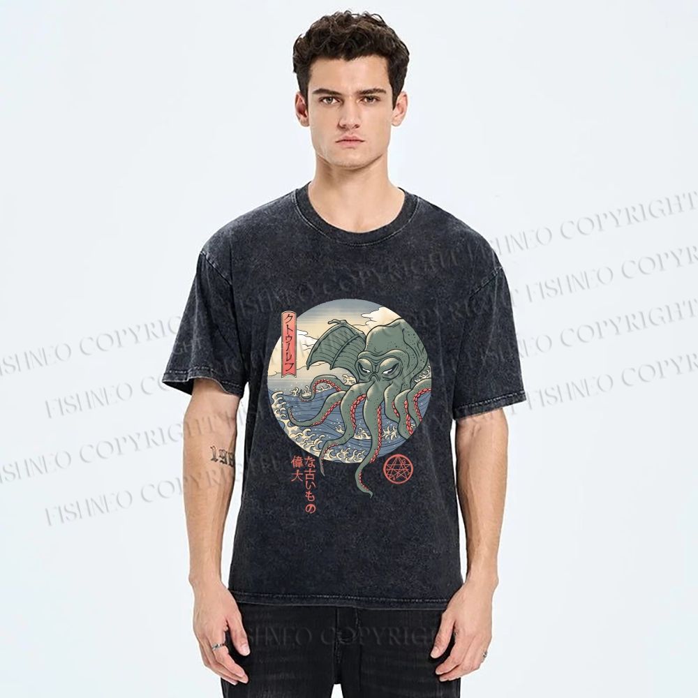 Unisex Cthulhu Ukiyo-e Printed Washed Tee