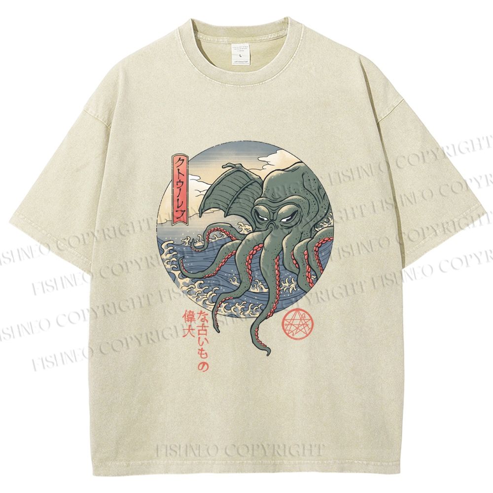 Unisex Cthulhu Ukiyo-e Printed Washed Tee