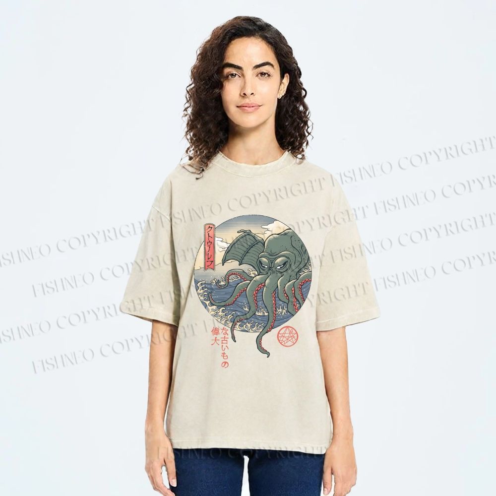 Unisex Cthulhu Ukiyo-e Printed Washed Tee