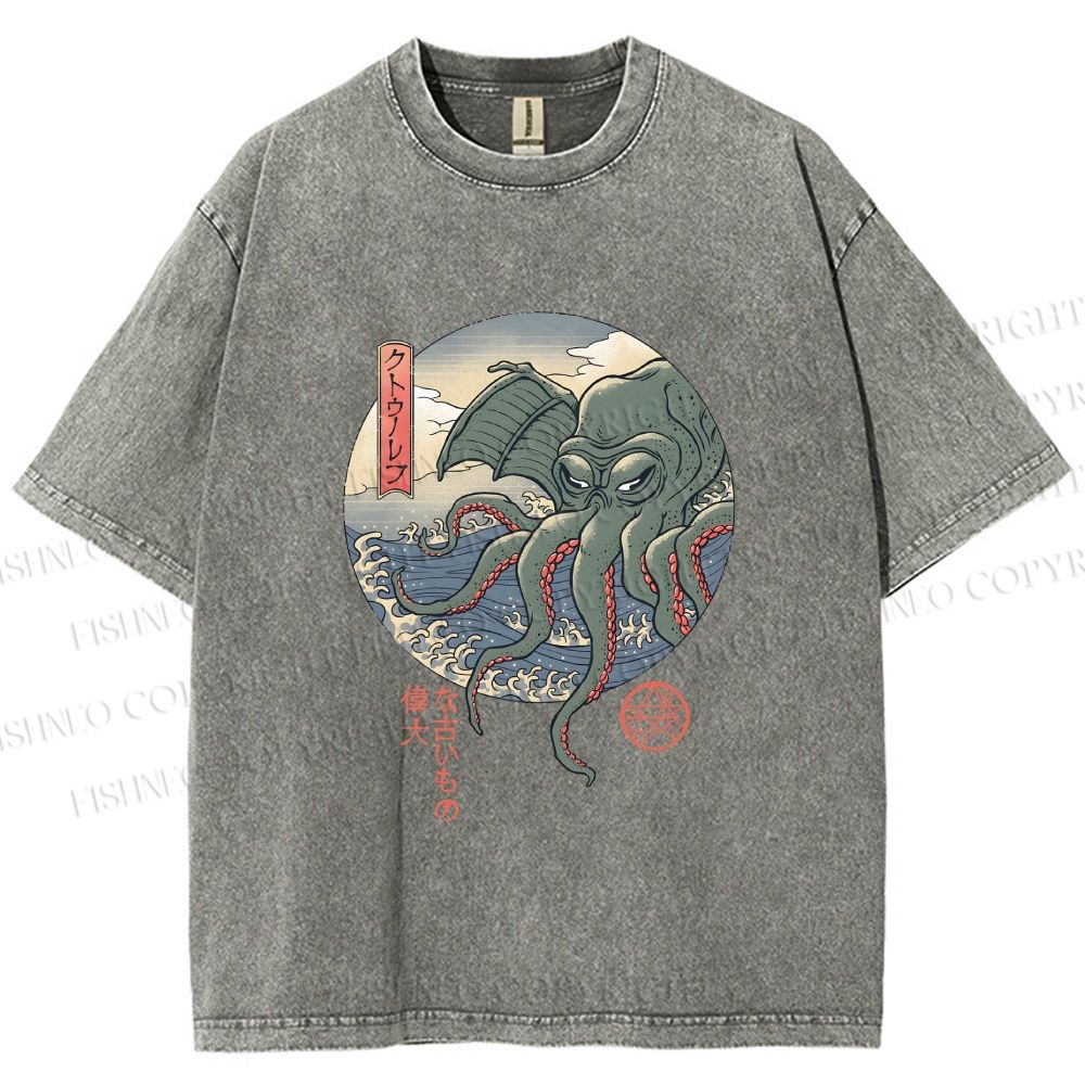 Unisex Cthulhu Ukiyo-e Printed Washed Tee