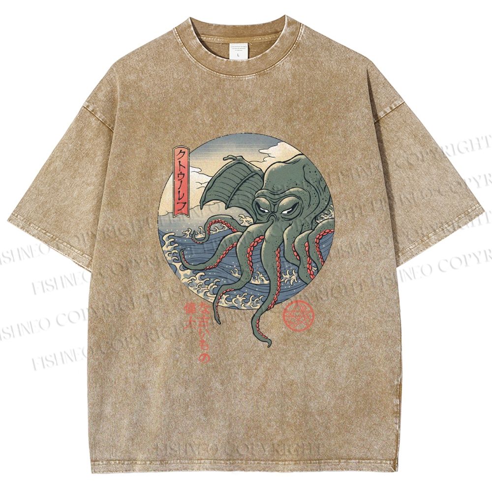 Unisex Cthulhu Ukiyo-e Printed Washed Tee