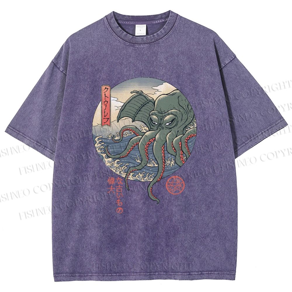 Unisex Cthulhu Ukiyo-e Printed Washed Tee