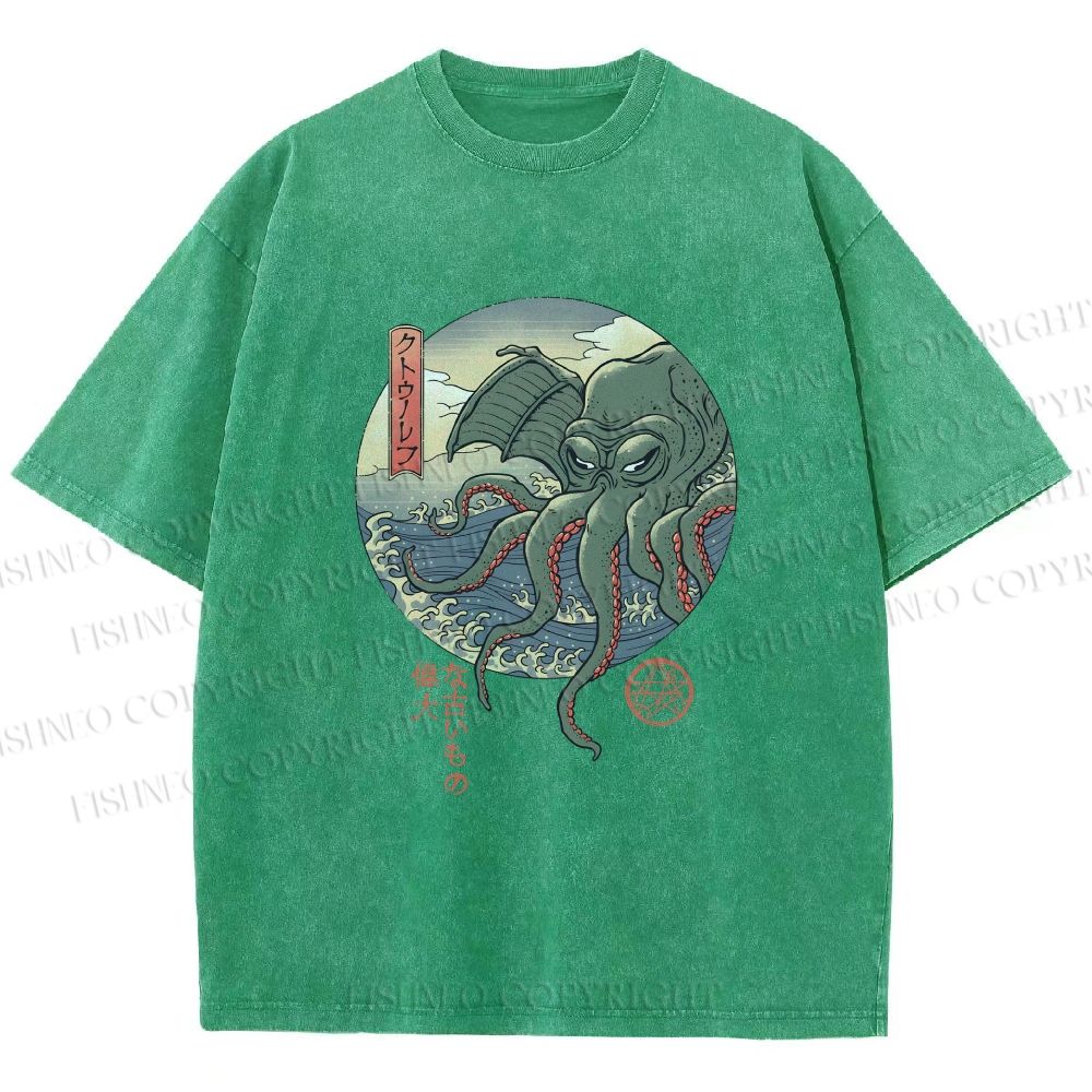 Unisex Cthulhu Ukiyo-e Printed Washed Tee