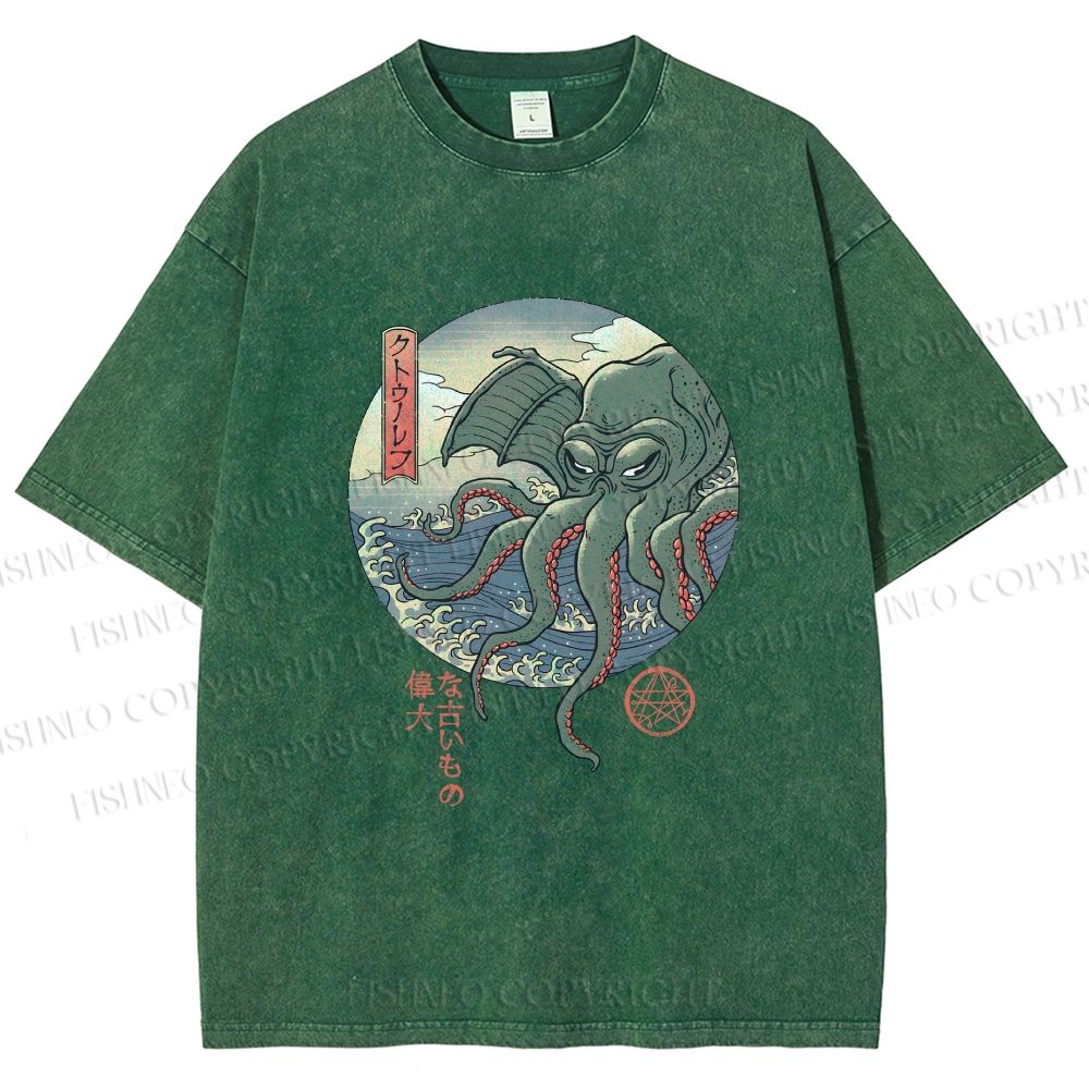 Unisex Cthulhu Ukiyo-e Printed Washed Tee