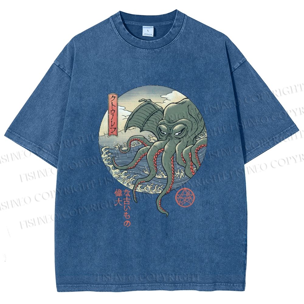 Unisex Cthulhu Ukiyo-e Printed Washed Tee