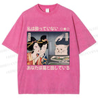 Unisex Cat Meme Ukiyo-e Printed Washed Tee