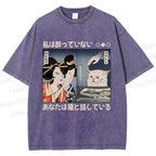 Unisex Cat Meme Ukiyo-e Printed Washed Tee