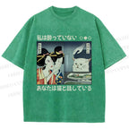Unisex Cat Meme Ukiyo-e Printed Washed Tee