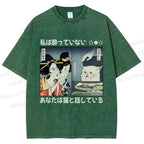 Unisex Cat Meme Ukiyo-e Printed Washed Tee