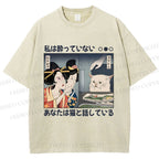 Unisex Cat Meme Ukiyo-e Printed Washed Tee