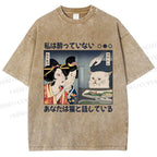 Unisex Cat Meme Ukiyo-e Printed Washed Tee