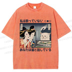 Unisex Cat Meme Ukiyo-e Printed Washed Tee