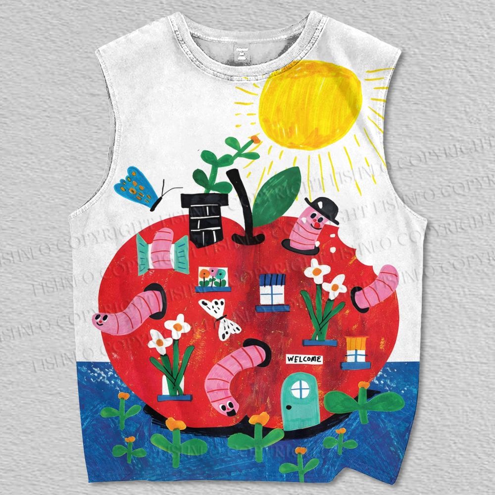Unisex Worms in Giant Apple Printed Tank Top