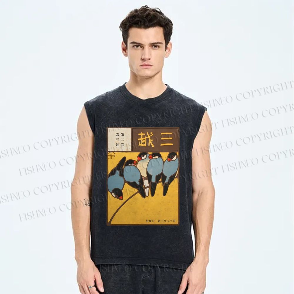 Unisex Vintage Birds Art Printed Washed Tank Top
