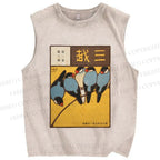 Unisex Vintage Birds Art Printed Washed Tank Top