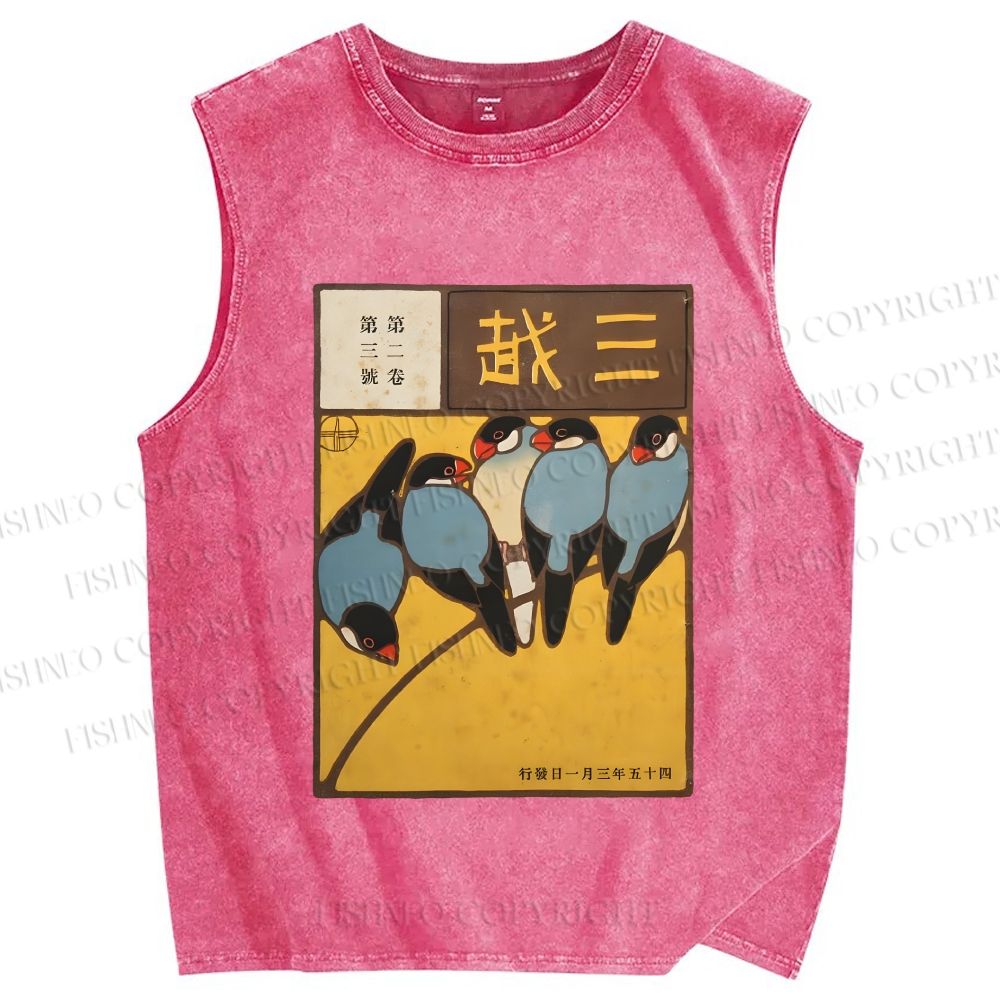 Unisex Vintage Birds Art Printed Washed Tank Top