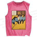 Unisex Vintage Birds Art Printed Washed Tank Top