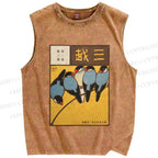 Unisex Vintage Birds Art Printed Washed Tank Top