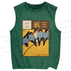 Unisex Vintage Birds Art Printed Washed Tank Top