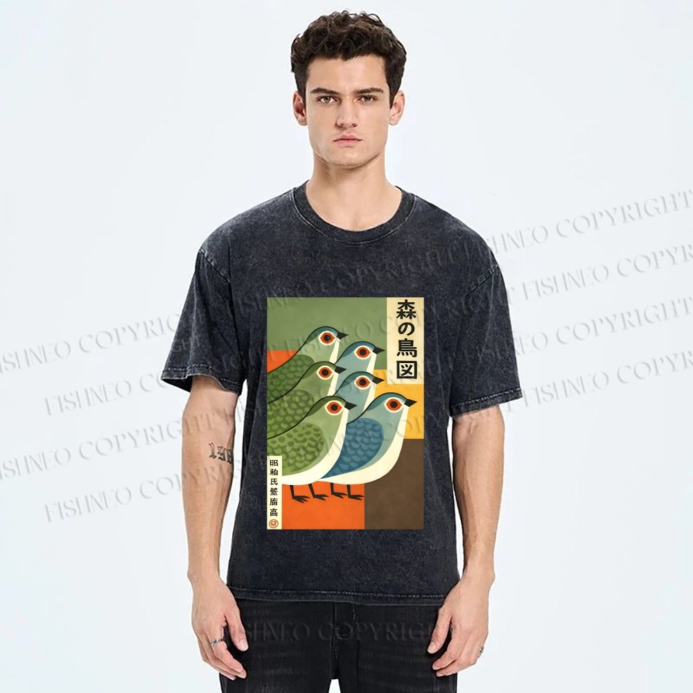 Unisex Vintage Birds Printed Washed Tee