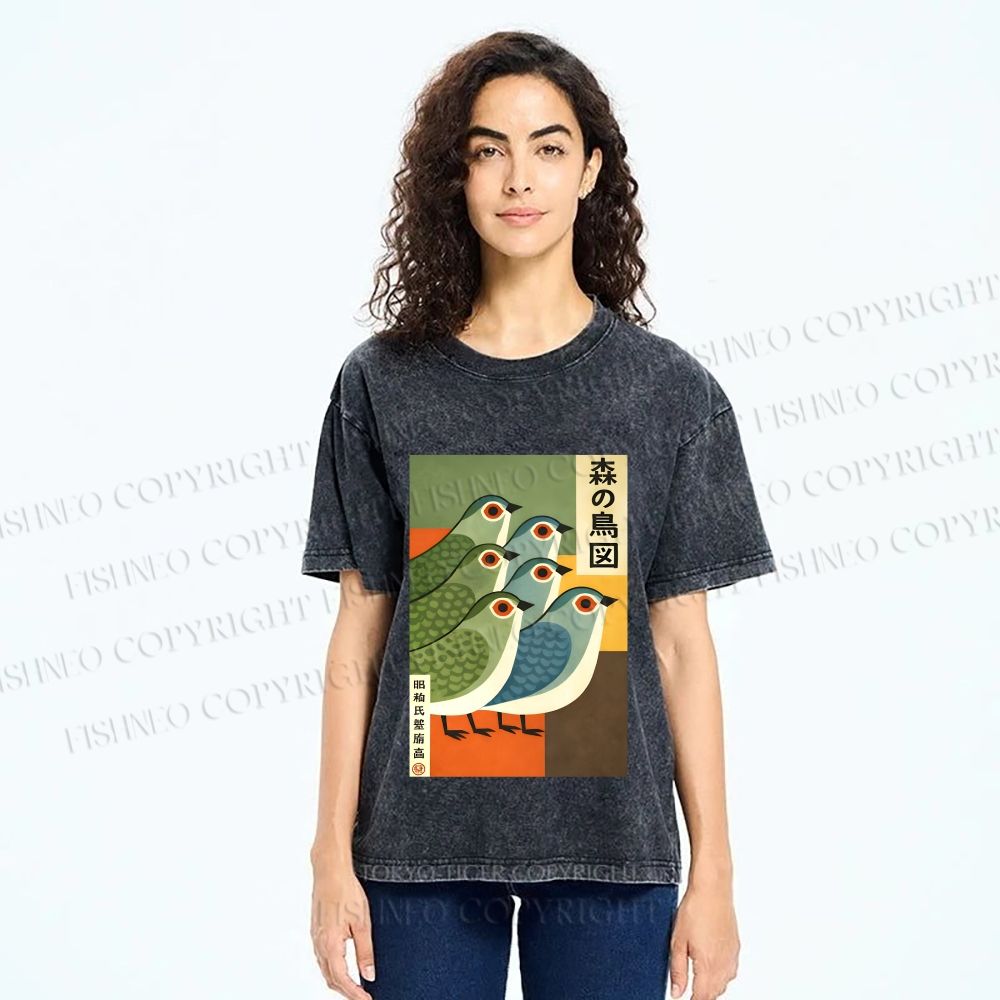 Unisex Vintage Birds Printed Washed Tee