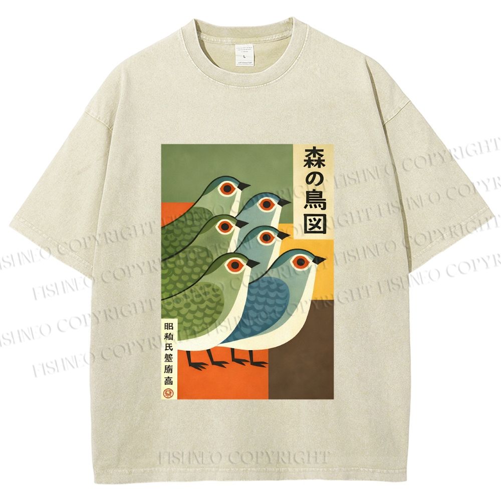 Unisex Vintage Birds Printed Washed Tee