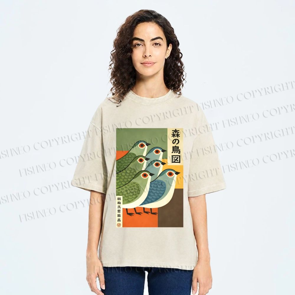 Unisex Vintage Birds Printed Washed Tee