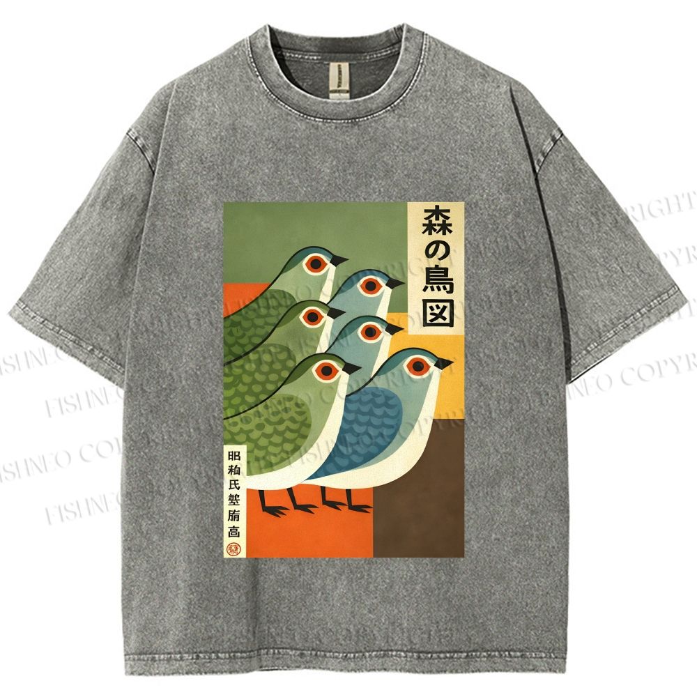 Unisex Vintage Birds Printed Washed Tee