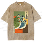 Unisex Vintage Birds Printed Washed Tee