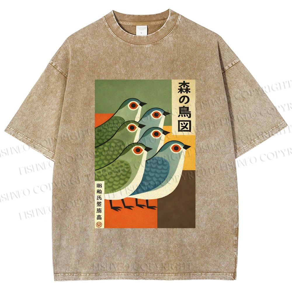 Unisex Vintage Birds Printed Washed Tee