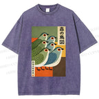 Unisex Vintage Birds Printed Washed Tee