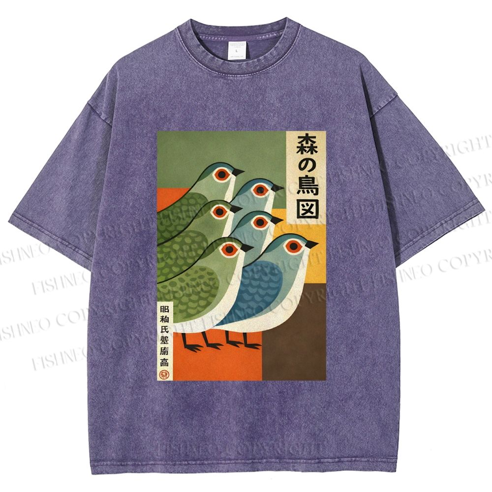 Unisex Vintage Birds Printed Washed Tee
