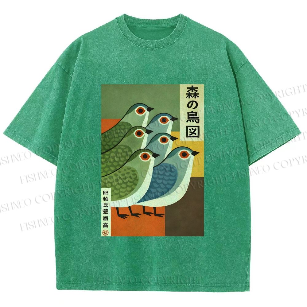 Unisex Vintage Birds Printed Washed Tee