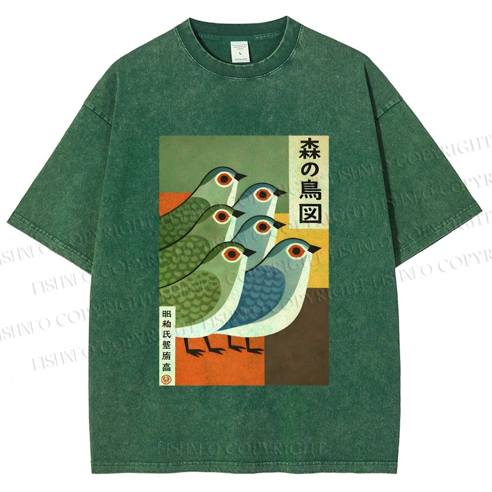 Unisex Vintage Birds Printed Washed Tee