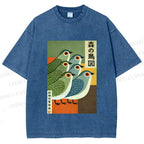 Unisex Vintage Birds Printed Washed Tee