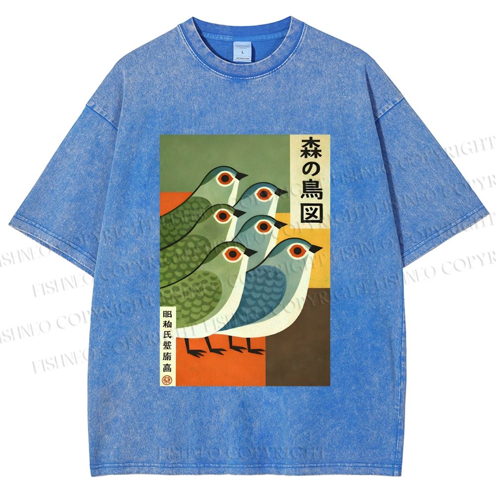 Unisex Vintage Birds Printed Washed Tee